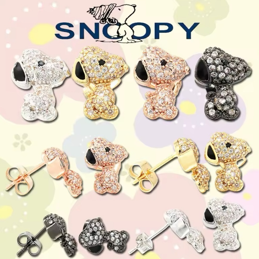 18K Gold Plated Snoopy Peanuts Theme Pave Diamond Inlay Character Earrings - Picture 4 of 5